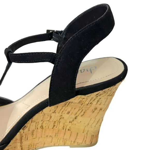 Charles David Black Canvas 7 Wedge Heel Cork Ankle T-Strap Platform Sandals - Picture 5 of 7